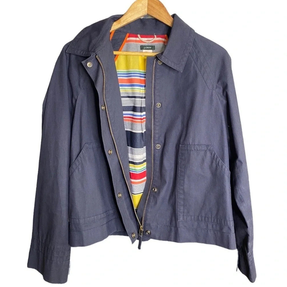 J. Crew Navy Blue Stripe Lined Cotton Nautical Rain Jacket Size Medium